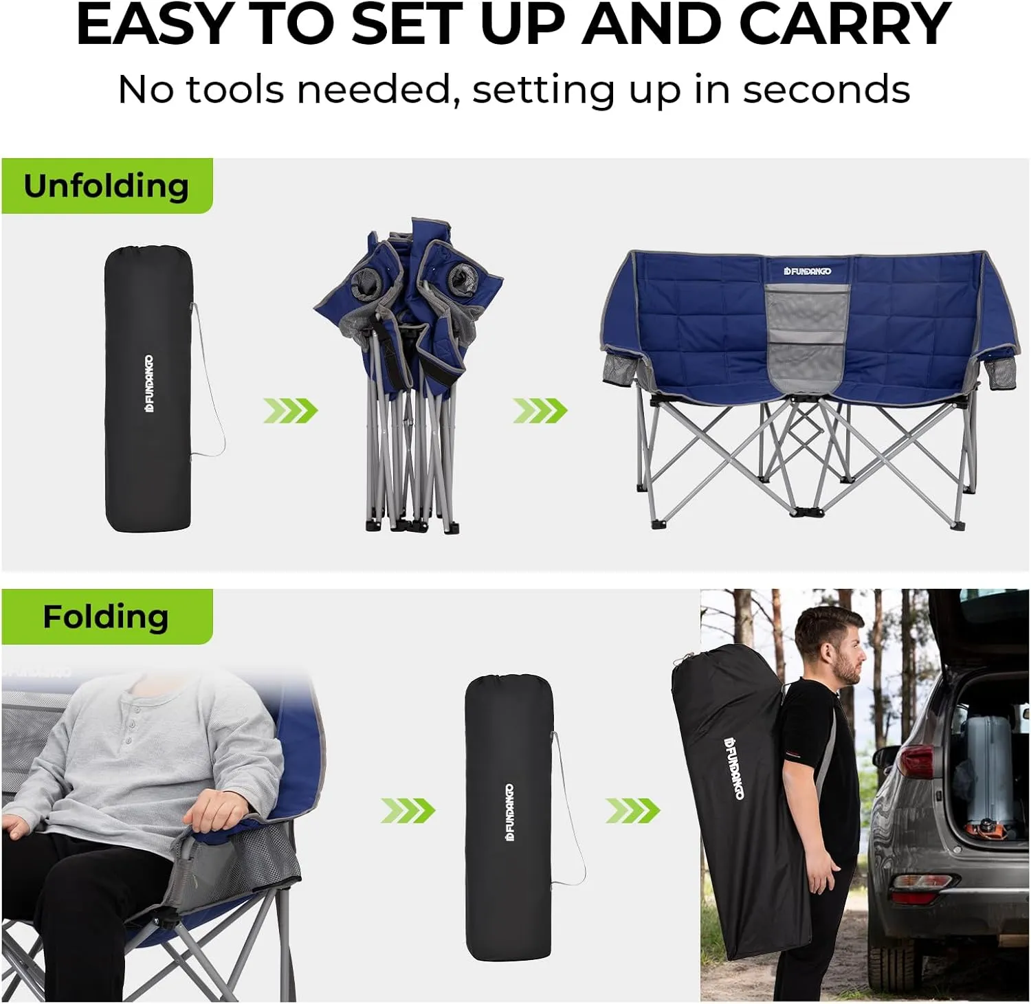 FUNDANGO Double Camping Chair, 2 Person Folding Padded Loveseat for Adults，660lbs Heavy Duty Chair with Arm Cup Holder for Outdoor Patio Lawn Camp with Carry Bag (Blue)