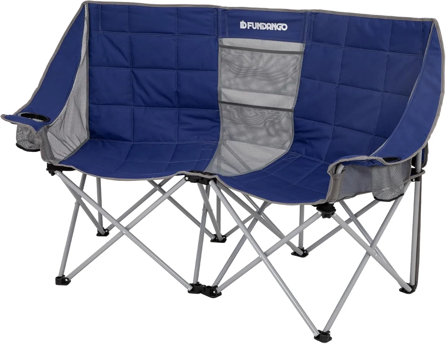 FUNDANGO Double Camping Chair, 2 Person Folding Padded Loveseat for Adults，660lbs Heavy Duty Chair with Arm Cup Holder for Outdoor Patio Lawn Camp with Carry Bag (Blue)