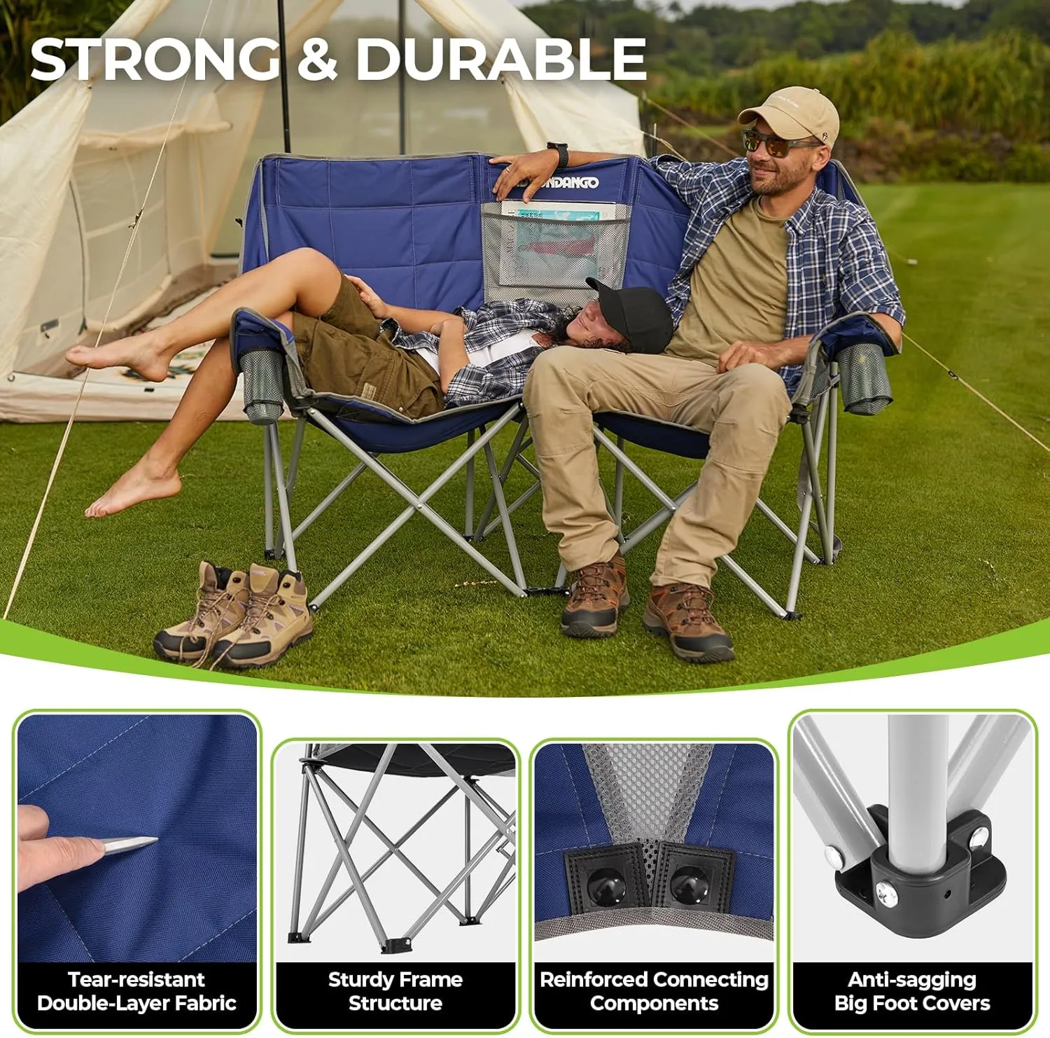 FUNDANGO Double Camping Chair, 2 Person Folding Padded Loveseat for Adults，660lbs Heavy Duty Chair with Arm Cup Holder for Outdoor Patio Lawn Camp with Carry Bag (Blue)