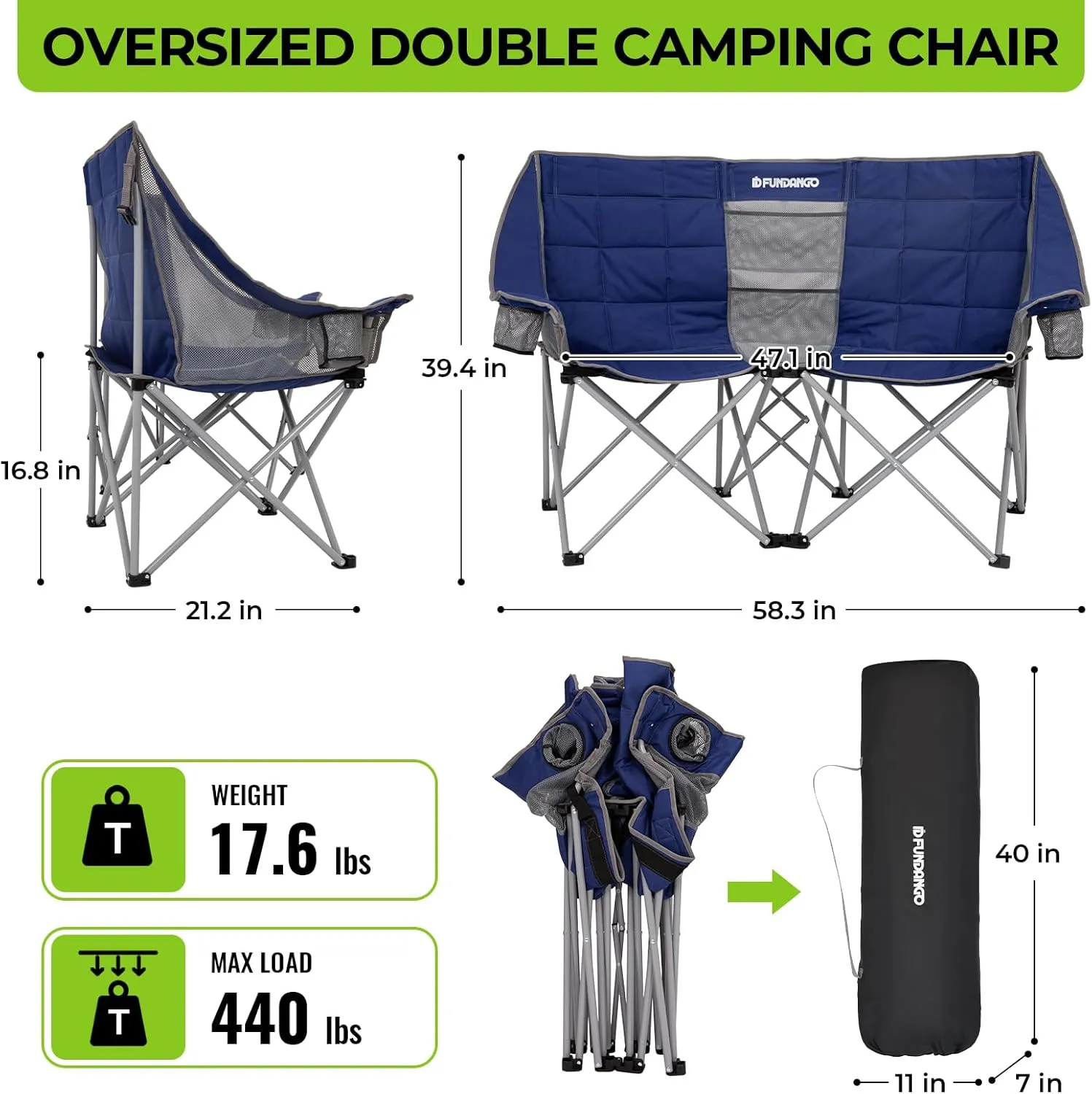 FUNDANGO Double Camping Chair, 2 Person Folding Padded Loveseat for Adults，660lbs Heavy Duty Chair with Arm Cup Holder for Outdoor Patio Lawn Camp with Carry Bag (Blue)