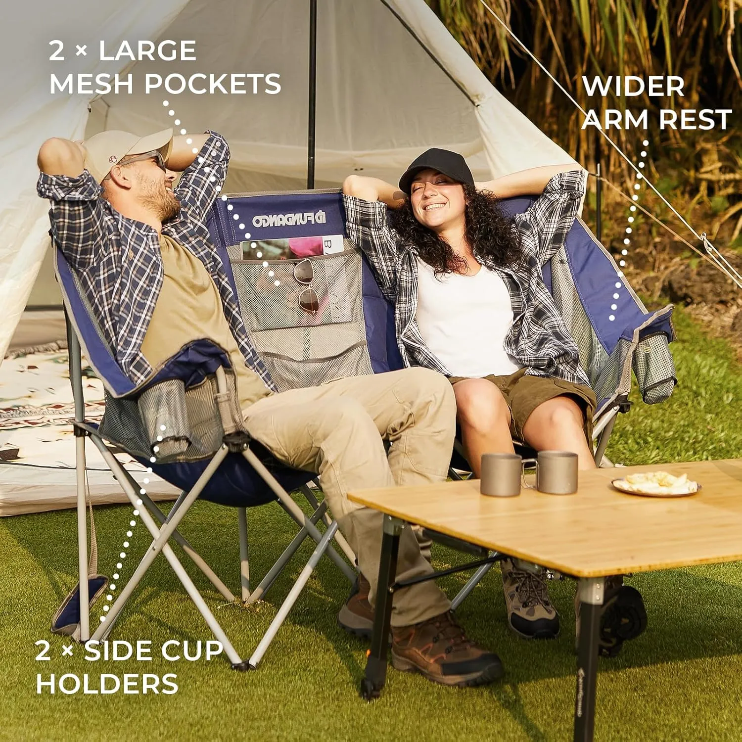 FUNDANGO Double Camping Chair, 2 Person Folding Padded Loveseat for Adults，660lbs Heavy Duty Chair with Arm Cup Holder for Outdoor Patio Lawn Camp with Carry Bag (Blue)