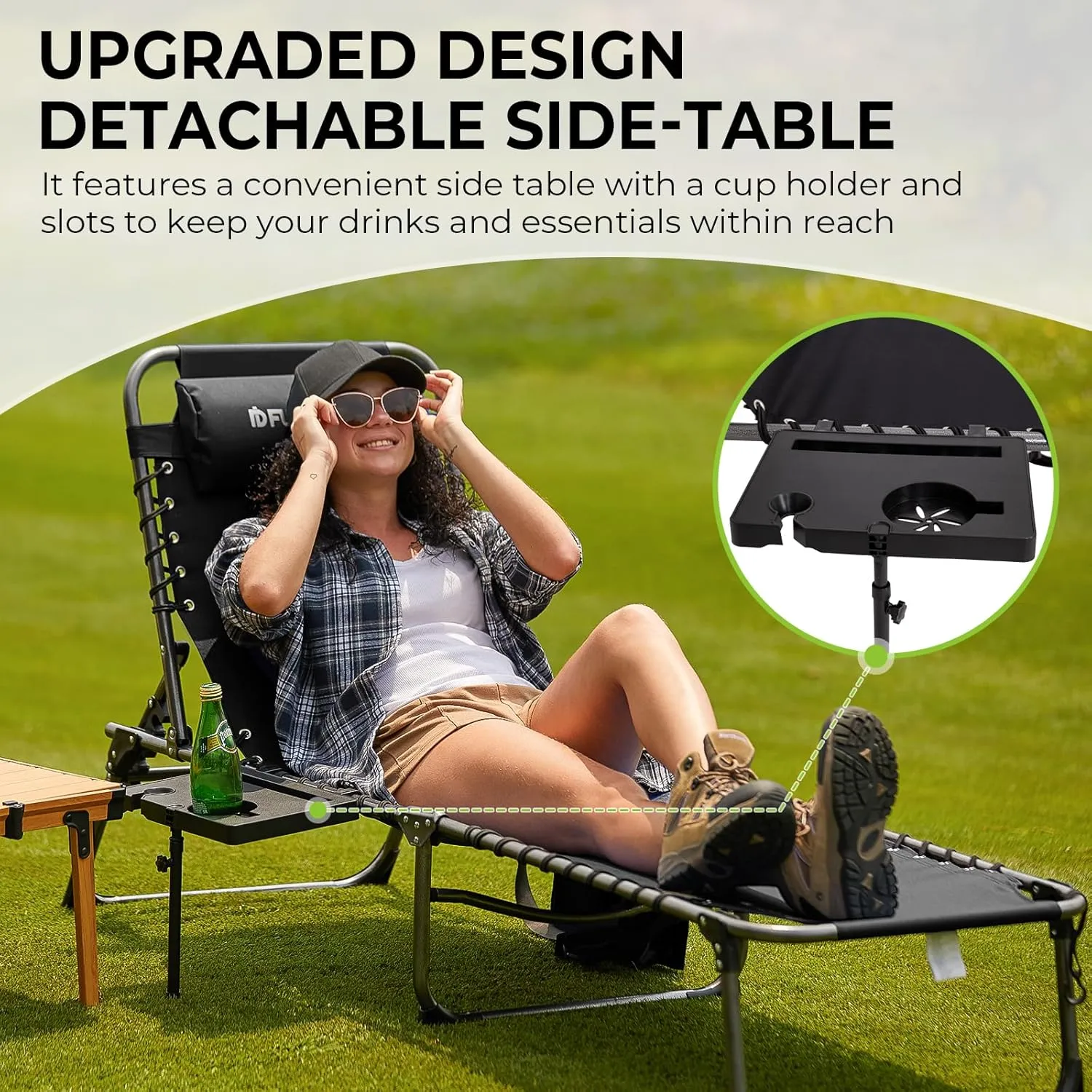 FUNDANGO Folding Chaise Lounge Chair with Soft Pad & Side Table for Outside, Patio, Beach, Sunbathing, Adjustable 5 Position Portable Camping Reclining Chair with Pillow