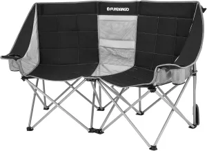 FUNDANGO Oversized Double Camping Chair, 660lbs Heavy Duty 2 Person Folding Padded Loveseat for Adults with Arm Cup Holder for Outdoor Patio Lawn Camp with Carry Bag (Black/Grey)