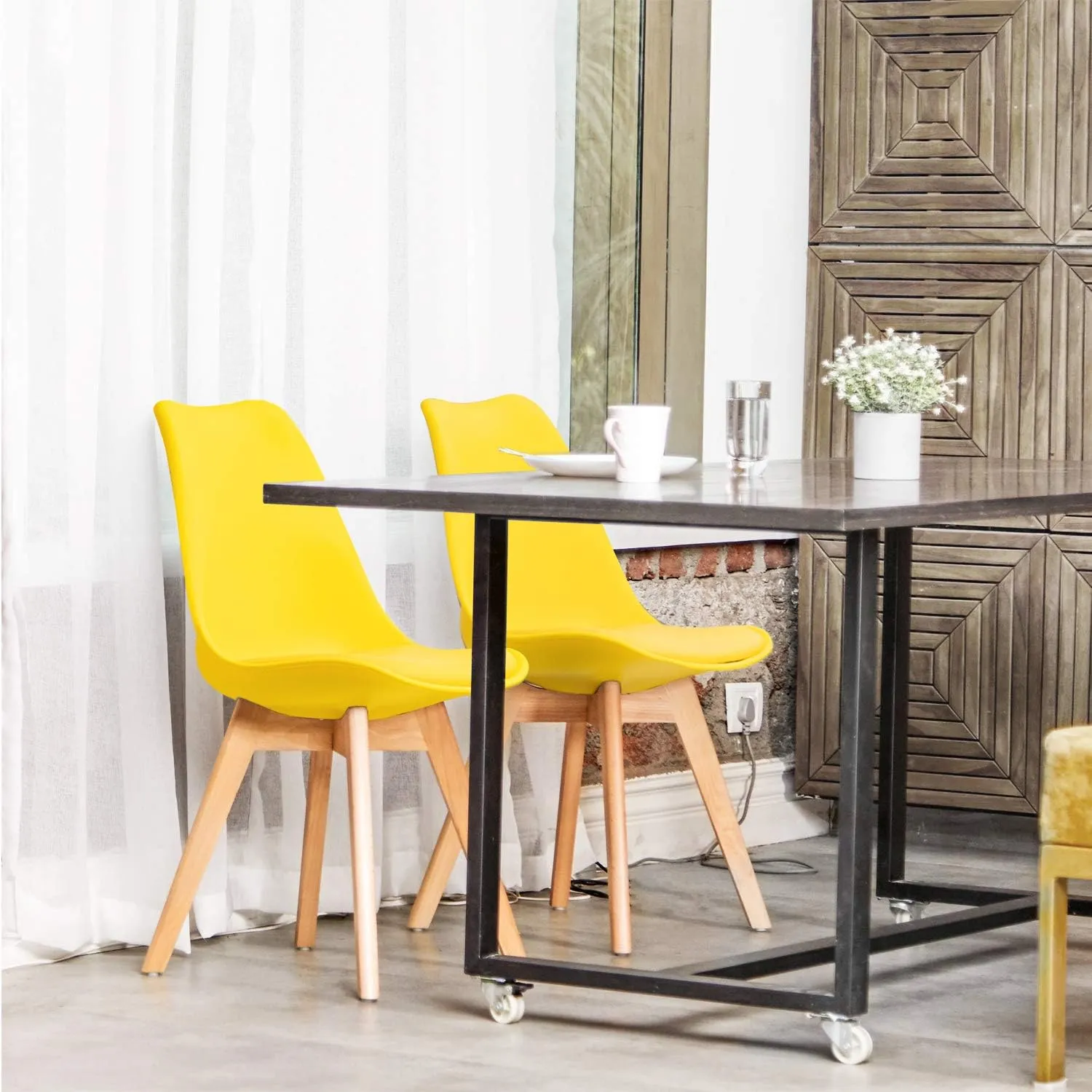 Furmax Mid Century Modern DSW Dining Chair Upholstered Side Chair with Beech Wood Legs and Soft Padded Shell Tulip Chair for Dining Room Living Room Bedroom Kitchen Set of 4 (Yellow)