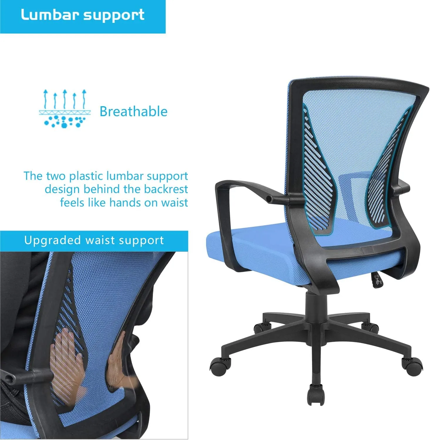 Furmax Office Chair Ergonomic Computer Desk Mesh Chair Mid Back Swivel Lumbar Support with Armrest (1, Blue)