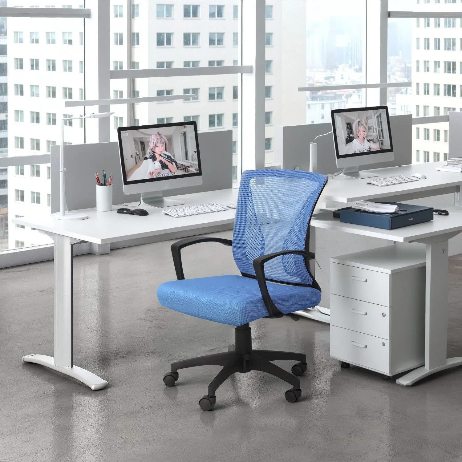 Furmax Office Chair Ergonomic Computer Desk Mesh Chair Mid Back Swivel Lumbar Support with Armrest (1, Blue)