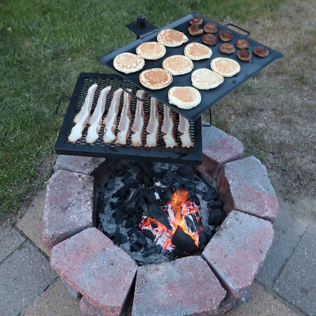 GameMaker Open Fire Camping Grill & Skillet Combo – Portable Outdoor Campfire Cooking Tool, Heavy-Duty BBQ Grill for Camping & Hiking