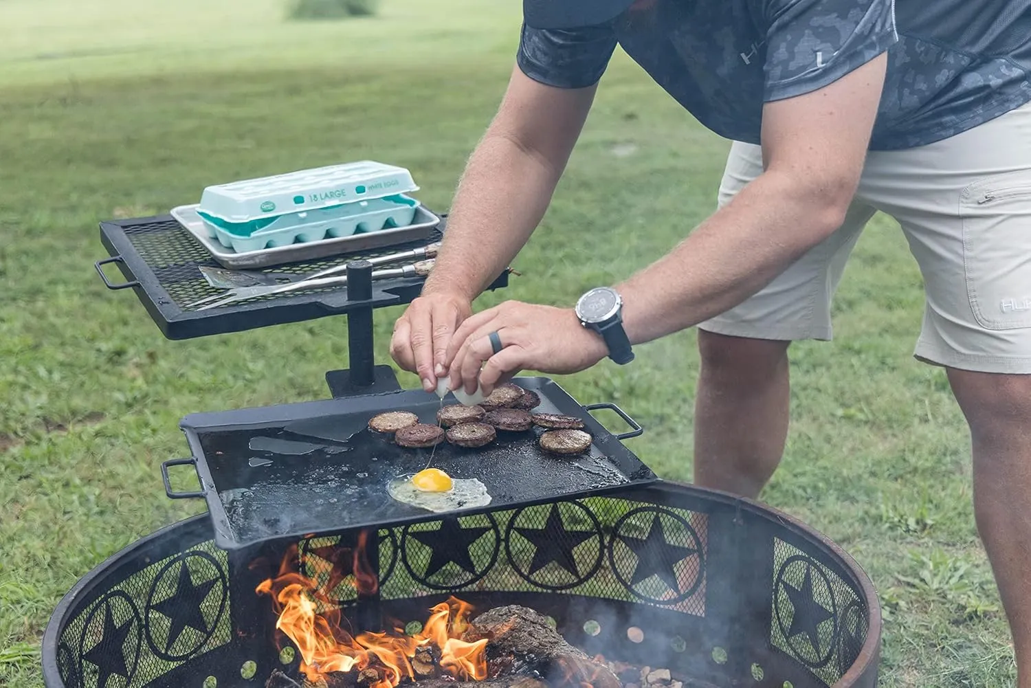 GameMaker Open Fire Camping Grill & Skillet Combo – Portable Outdoor Campfire Cooking Tool, Heavy-Duty BBQ Grill for Camping & Hiking