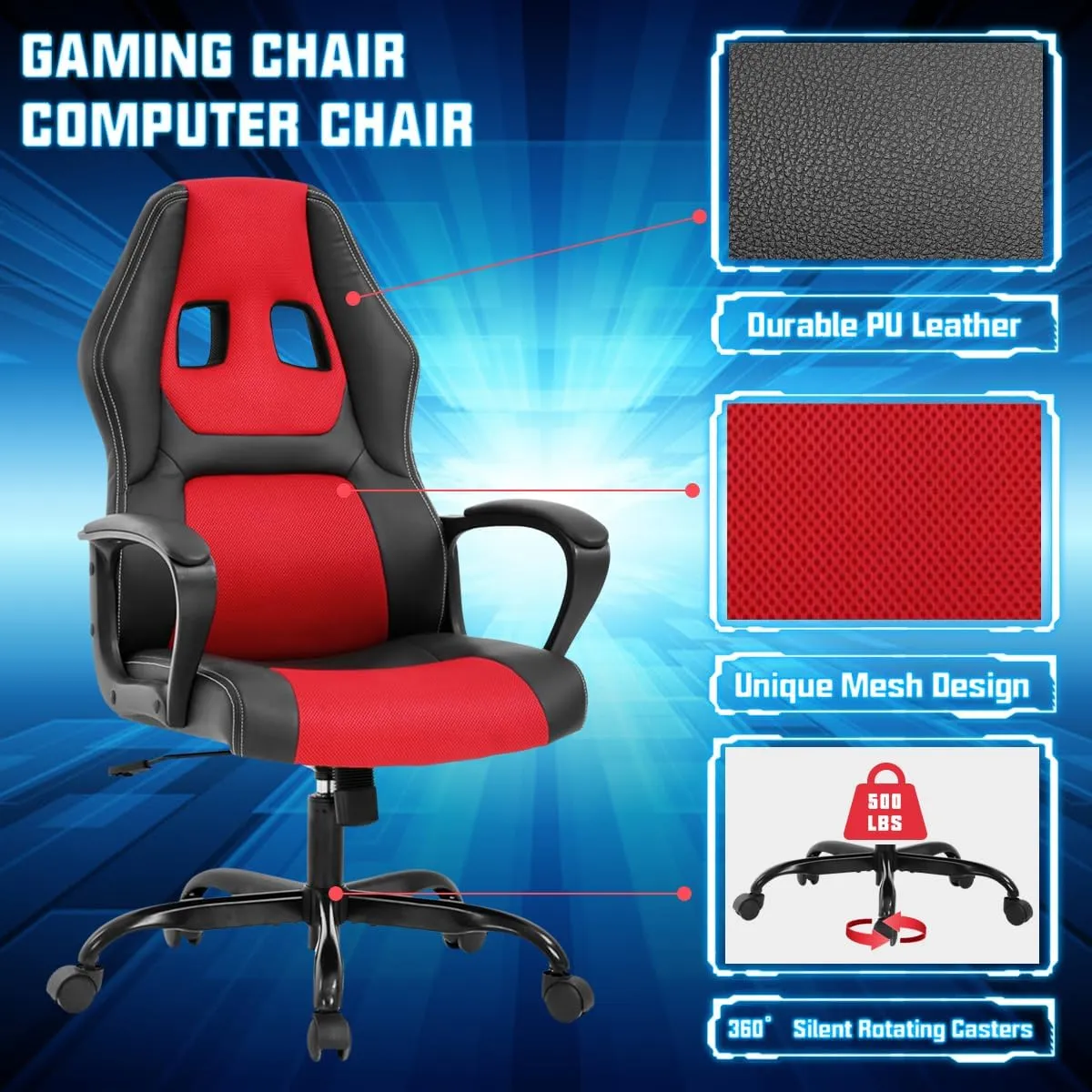 Gaming Chair PC Computer Chair Office Chair for Adult Teen Kids, Ergonomic PU Leather Gamer Chair with Lumbar Support High Back Adjustable Rolling Swivel Desk Chair, Red