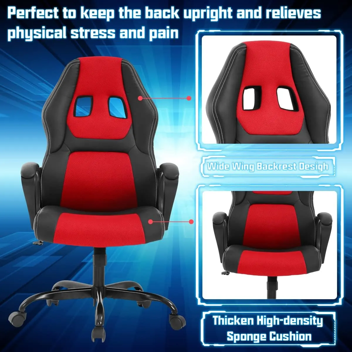Gaming Chair PC Computer Chair Office Chair for Adult Teen Kids, Ergonomic PU Leather Gamer Chair with Lumbar Support High Back Adjustable Rolling Swivel Desk Chair, Red