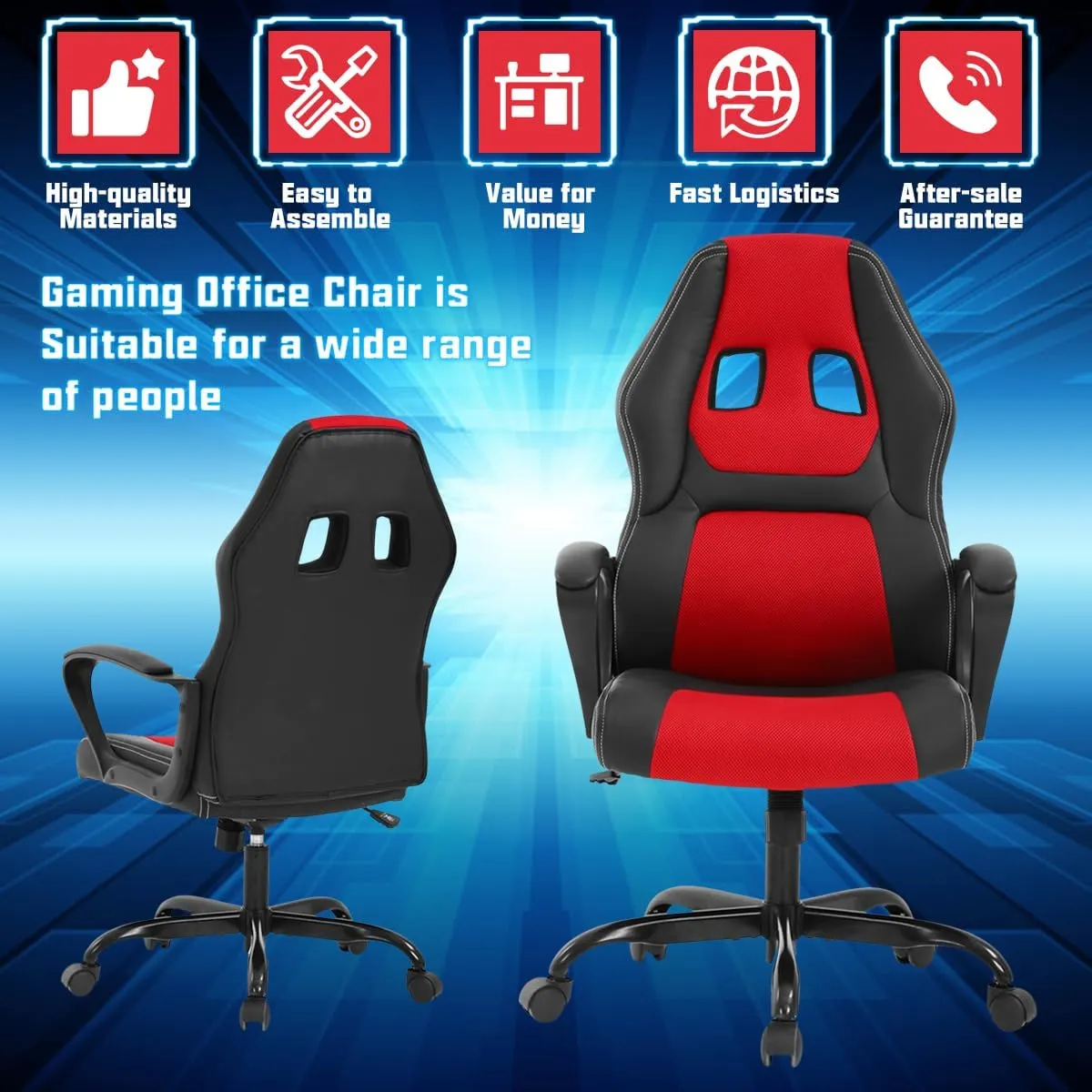 Gaming Chair PC Computer Chair Office Chair for Adult Teen Kids, Ergonomic PU Leather Gamer Chair with Lumbar Support High Back Adjustable Rolling Swivel Desk Chair, Red