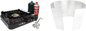 Gas One Dual Fuel Portable Stove 15,000BTU With Brass Burner Head, Dual Spiral Flame Gas Stove - Patent Pending | Gas One Aluminum 10 Plates Windscreen