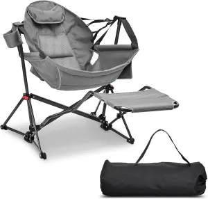 GDY Camping Chairs, Oversized Hammock, Folding Rocking, Adjustable Back Swing Chairs, Cup Holder, Outdoor Beach Lawn, Gray.