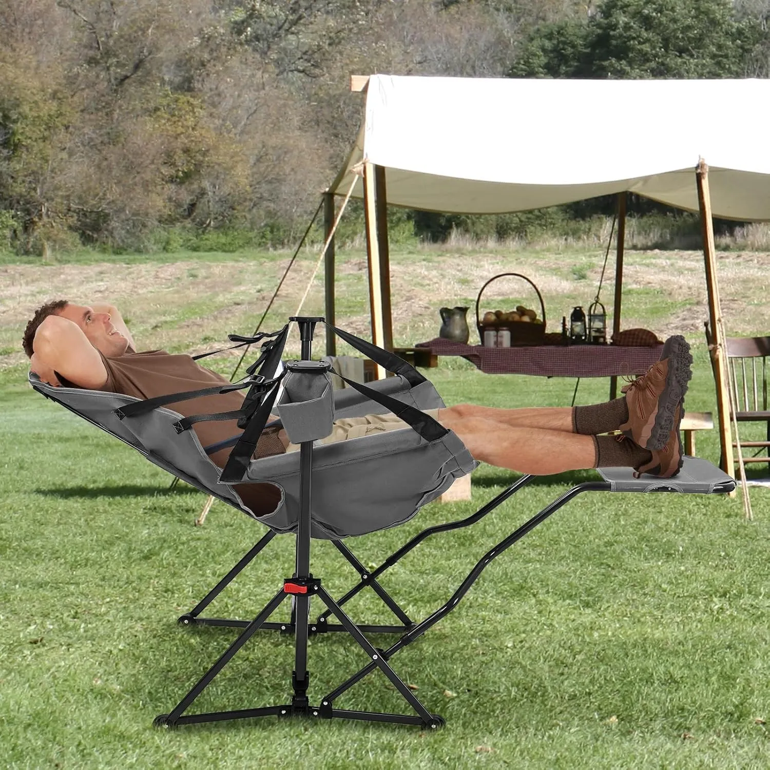 GDY Camping Chairs, Oversized Hammock, Folding Rocking, Adjustable Back Swing Chairs, Cup Holder, Outdoor Beach Lawn, Gray.