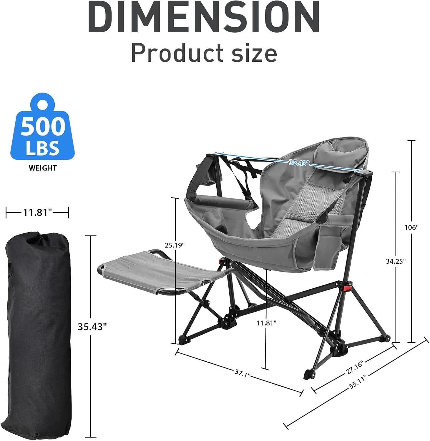 GDY Camping Chairs, Oversized Hammock, Folding Rocking, Adjustable Back Swing Chairs, Cup Holder, Outdoor Beach Lawn, Gray.