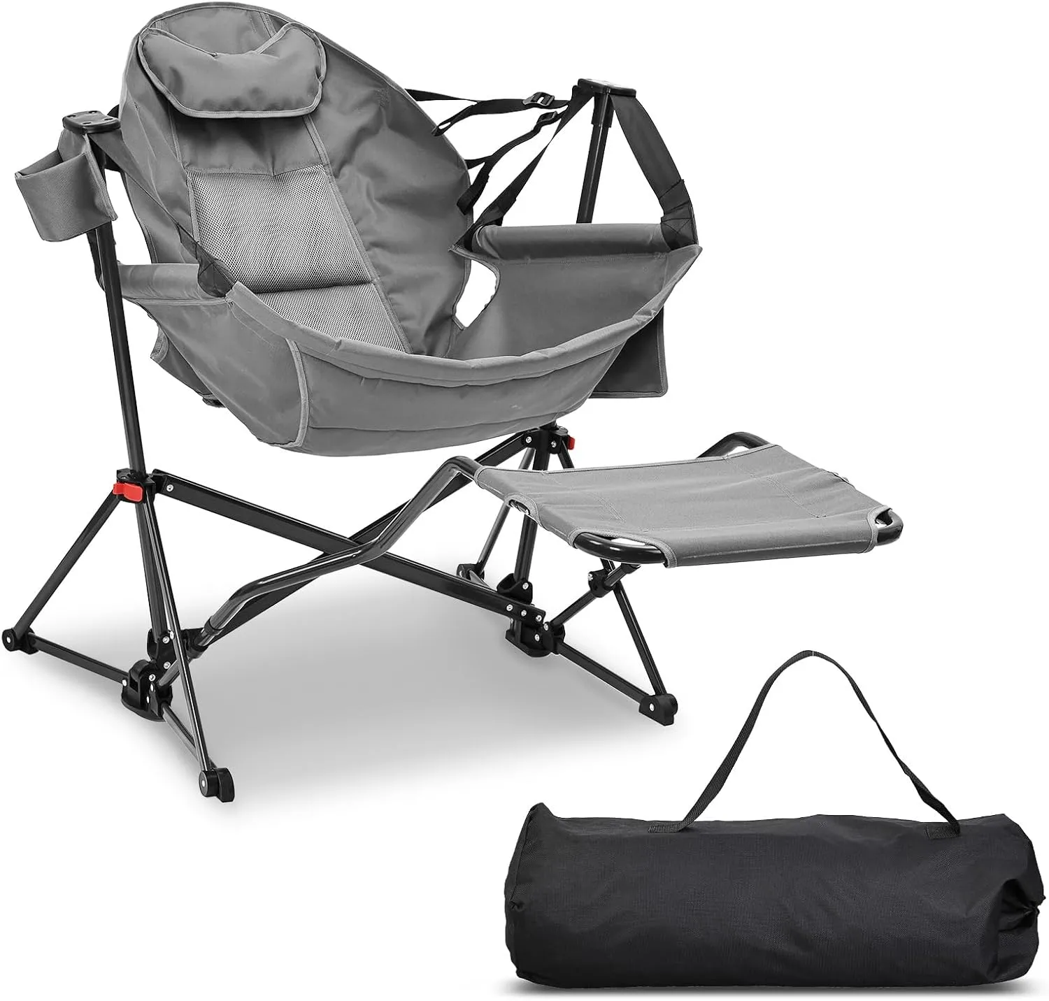 GDY Camping Chairs, Oversized Hammock, Folding Rocking, Adjustable Back Swing Chairs, Cup Holder, Outdoor Beach Lawn, Gray.