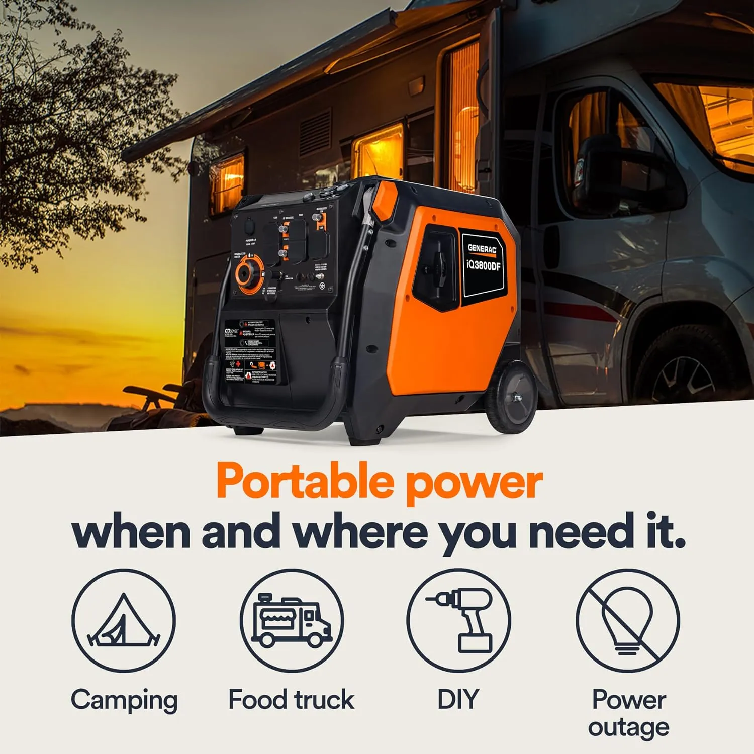 Generac 3,800-Watt Dual-Fuel Portable Inverter Generator - Gas and Propane Compatible - Compact and Lightweight Design - Clean, Stable Power - COsense Technology - Orange/Black - 50 State Compliant