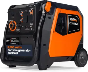 Generac 3,800-Watt Dual-Fuel Portable Inverter Generator - Gas and Propane Compatible - Compact and Lightweight Design - Clean, Stable Power - COsense Technology - Orange/Black - 50 State Compliant