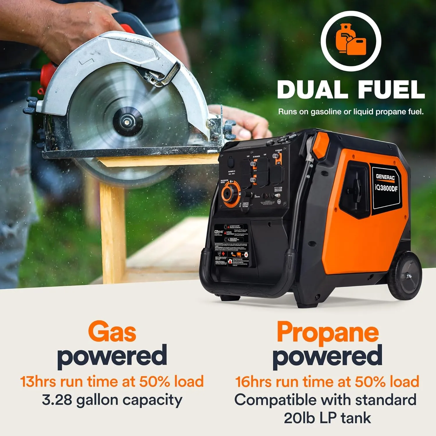 Generac 3,800-Watt Dual-Fuel Portable Inverter Generator - Gas and Propane Compatible - Compact and Lightweight Design - Clean, Stable Power - COsense Technology - Orange/Black - 50 State Compliant