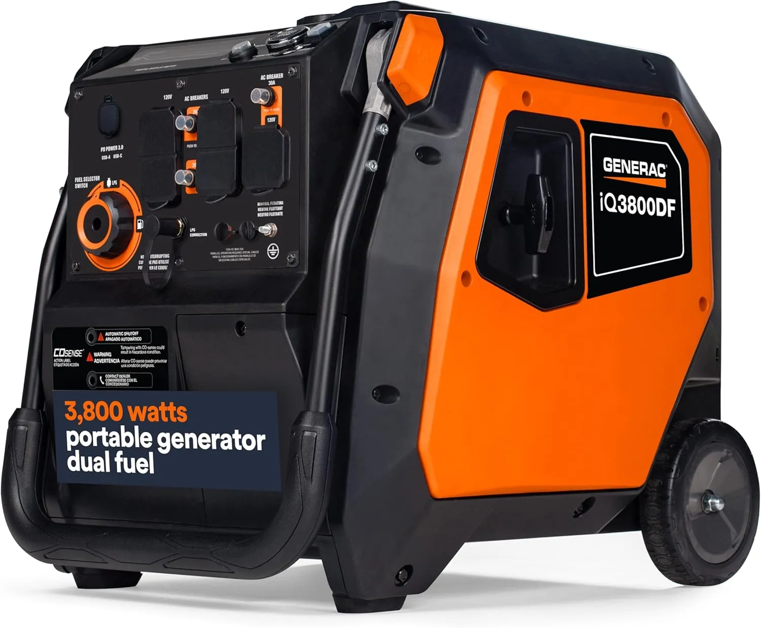 Generac 3,800-Watt Dual-Fuel Portable Inverter Generator - Gas and Propane Compatible - Compact and Lightweight Design - Clean, Stable Power - COsense Technology - Orange/Black - 50 State Compliant