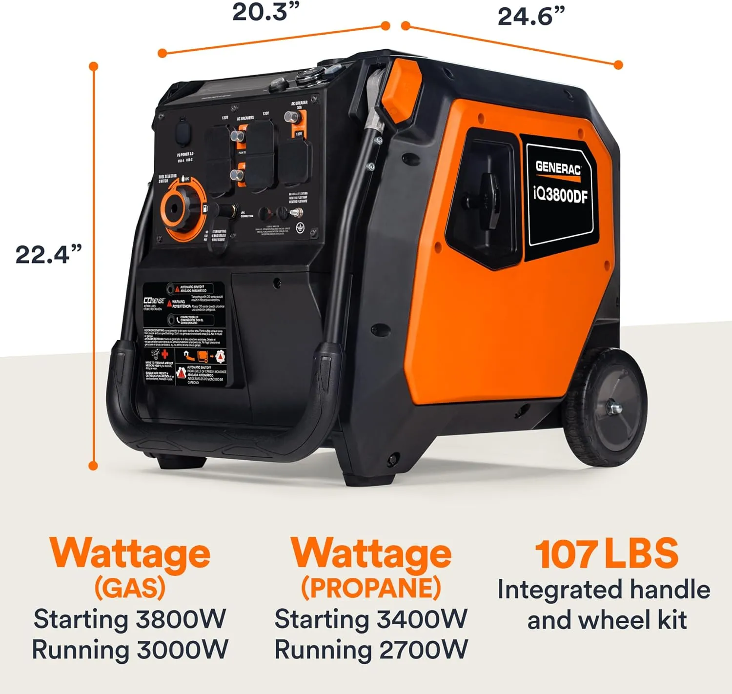 Generac 3,800-Watt Dual-Fuel Portable Inverter Generator - Gas and Propane Compatible - Compact and Lightweight Design - Clean, Stable Power - COsense Technology - Orange/Black - 50 State Compliant