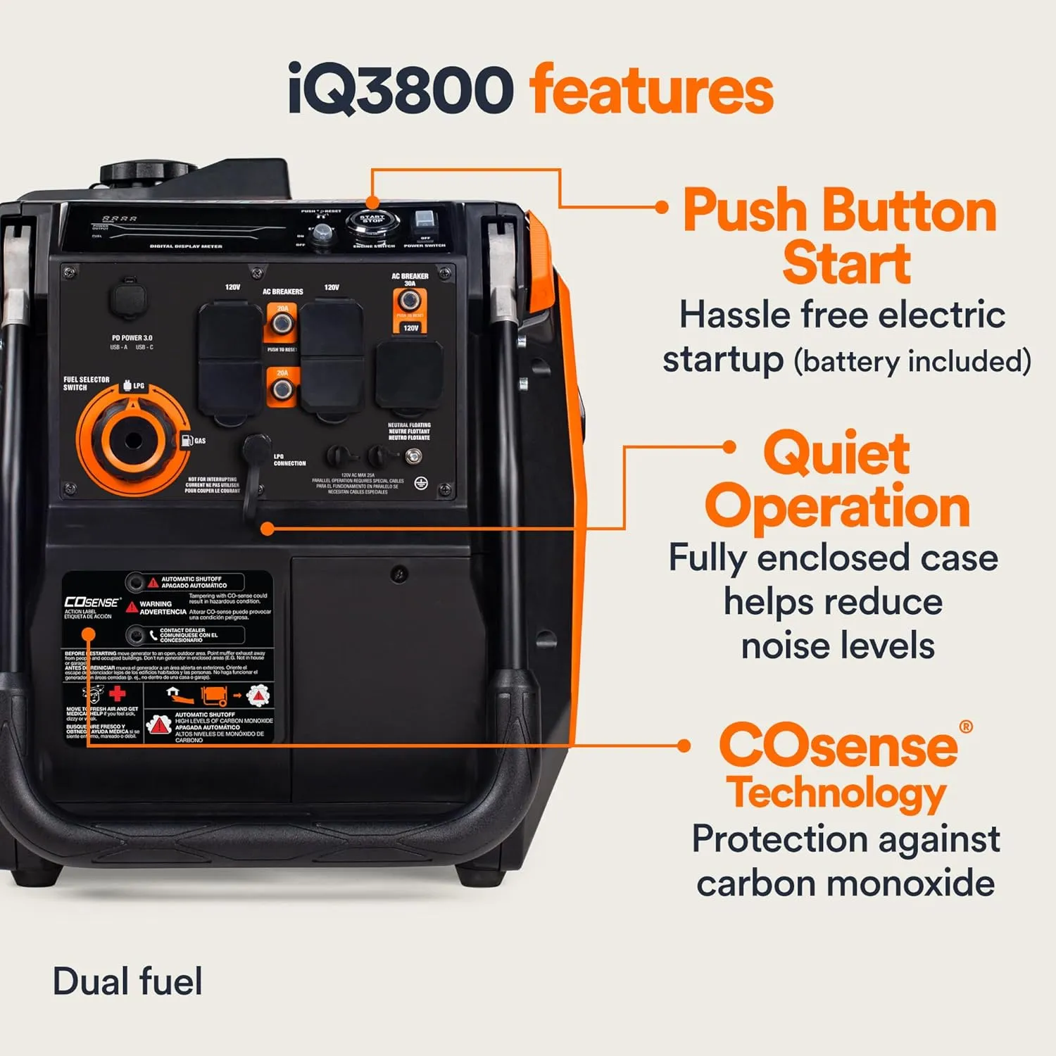 Generac 3,800-Watt Dual-Fuel Portable Inverter Generator - Gas and Propane Compatible - Compact and Lightweight Design - Clean, Stable Power - COsense Technology - Orange/Black - 50 State Compliant