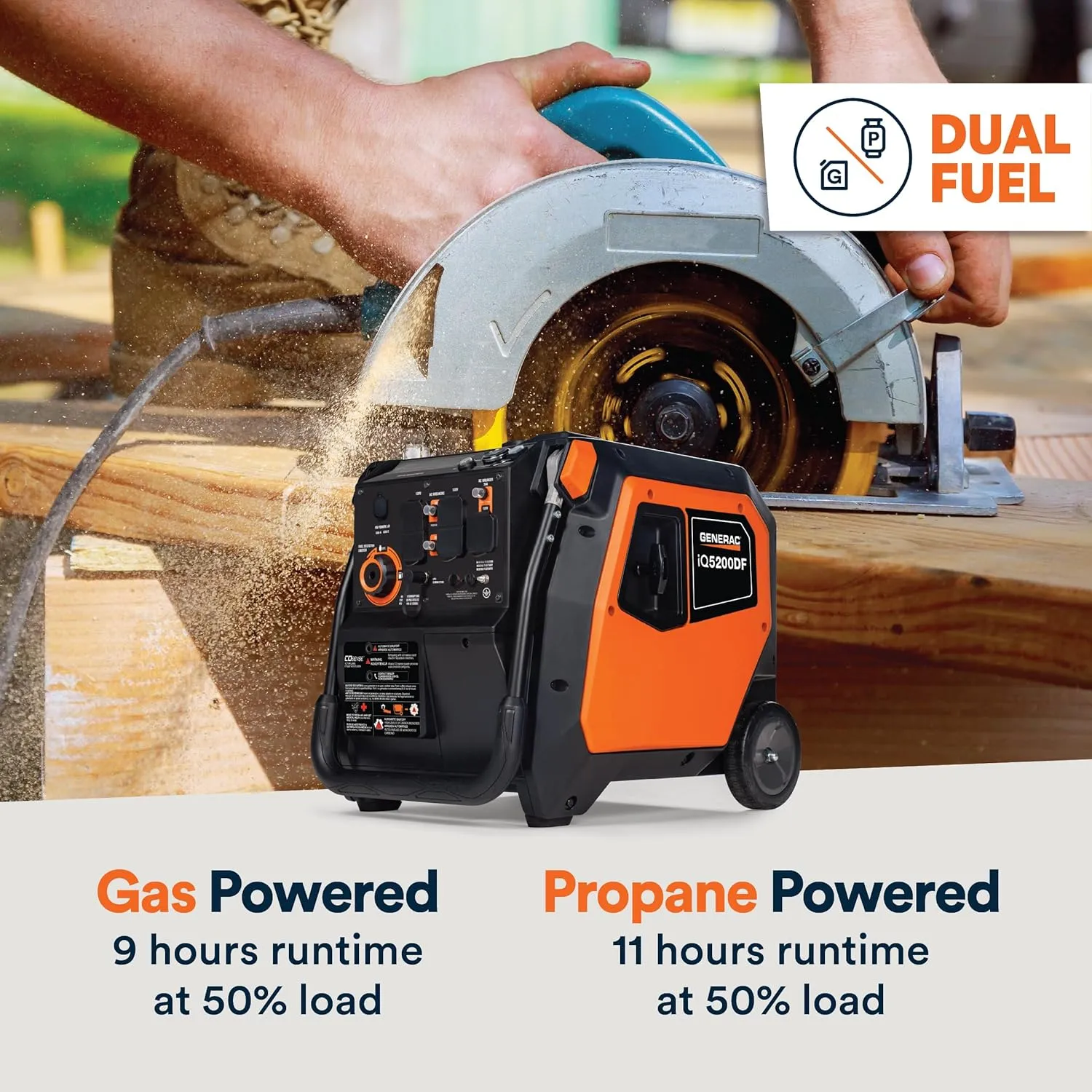 Generac 5,200-Watt Dual-Fuel Portable Inverter Generator - Gas and Propane Compatible - Compact and Lightweight Design - Clean, Stable Power - COsense Technology - Orange/Black - 49 State Compliant