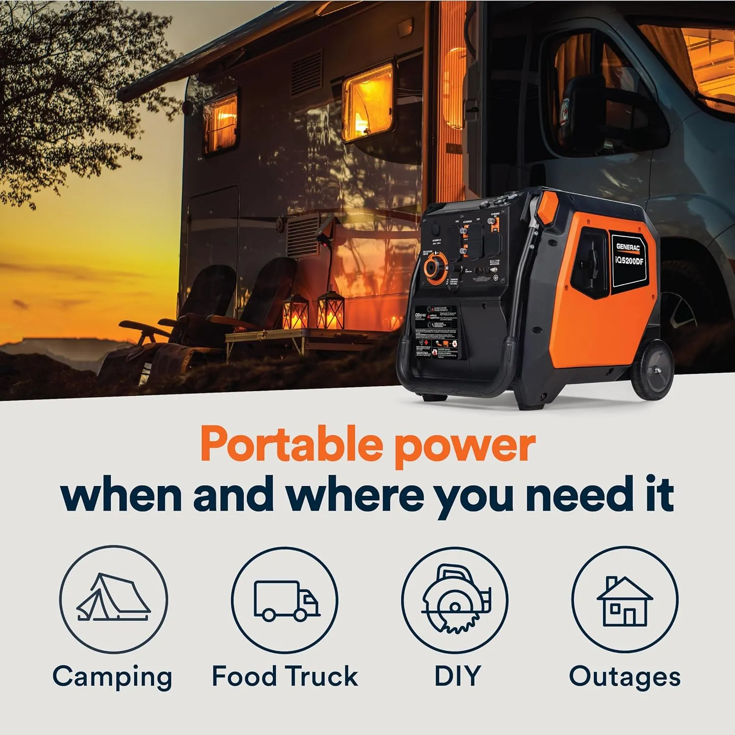 Generac 5,200-Watt Dual-Fuel Portable Inverter Generator - Gas and Propane Compatible - Compact and Lightweight Design - Clean, Stable Power - COsense Technology - Orange/Black - 49 State Compliant
