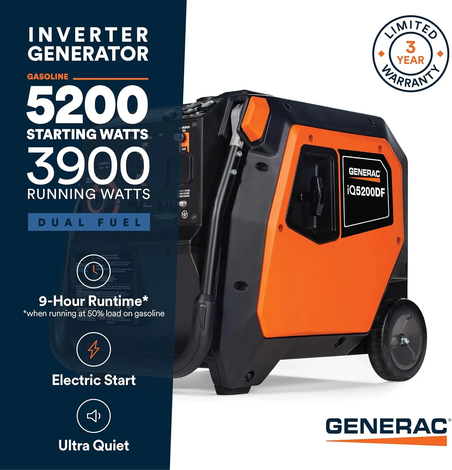 Generac 5,200-Watt Dual-Fuel Portable Inverter Generator - Gas and Propane Compatible - Compact and Lightweight Design - Clean, Stable Power - COsense Technology - Orange/Black - 49 State Compliant