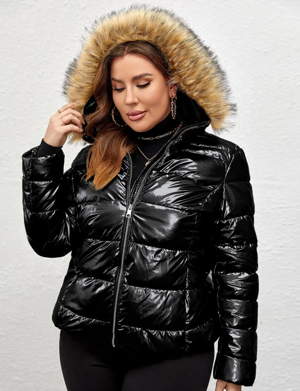 Geschallino Women's Puffer Coat Plus Size Winter Jacket Warm Hooded Thicken Long Padded Bubble Outerwear (1X-5X)