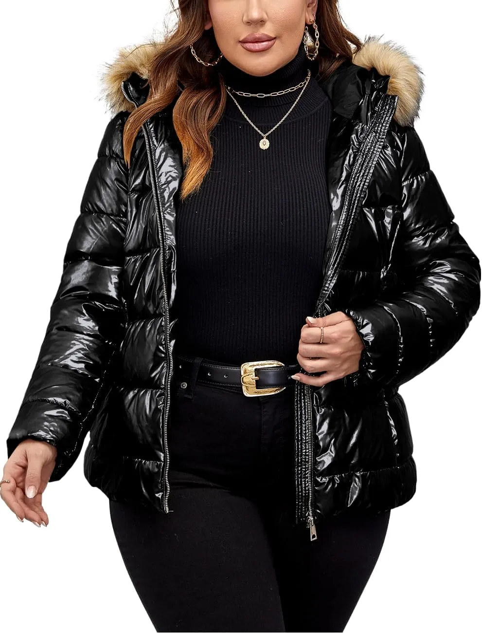 Geschallino Women's Puffer Coat Plus Size Winter Jacket Warm Hooded Thicken Long Padded Bubble Outerwear (1X-5X)