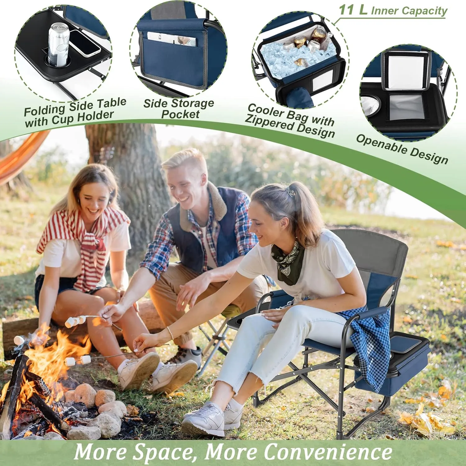 Giantex 2 PCS Camping Chair, Folding Directors Chair with Side Table, Pocket, Cooler Bag, Shoulder Strap, Handle, Artist Chair, Makeup Chair, Support 400 Lbs Lawn Chair for Fishing Picnic, Blue