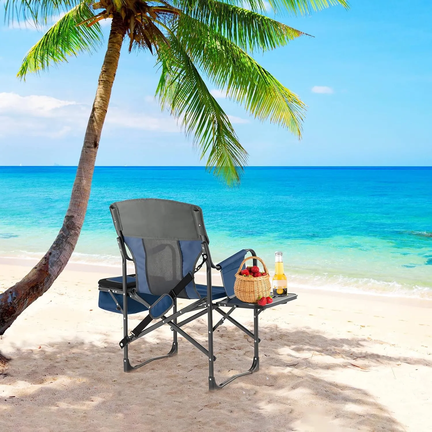 Giantex 2 PCS Camping Chair, Folding Directors Chair with Side Table, Pocket, Cooler Bag, Shoulder Strap, Handle, Artist Chair, Makeup Chair, Support 400 Lbs Lawn Chair for Fishing Picnic, Blue