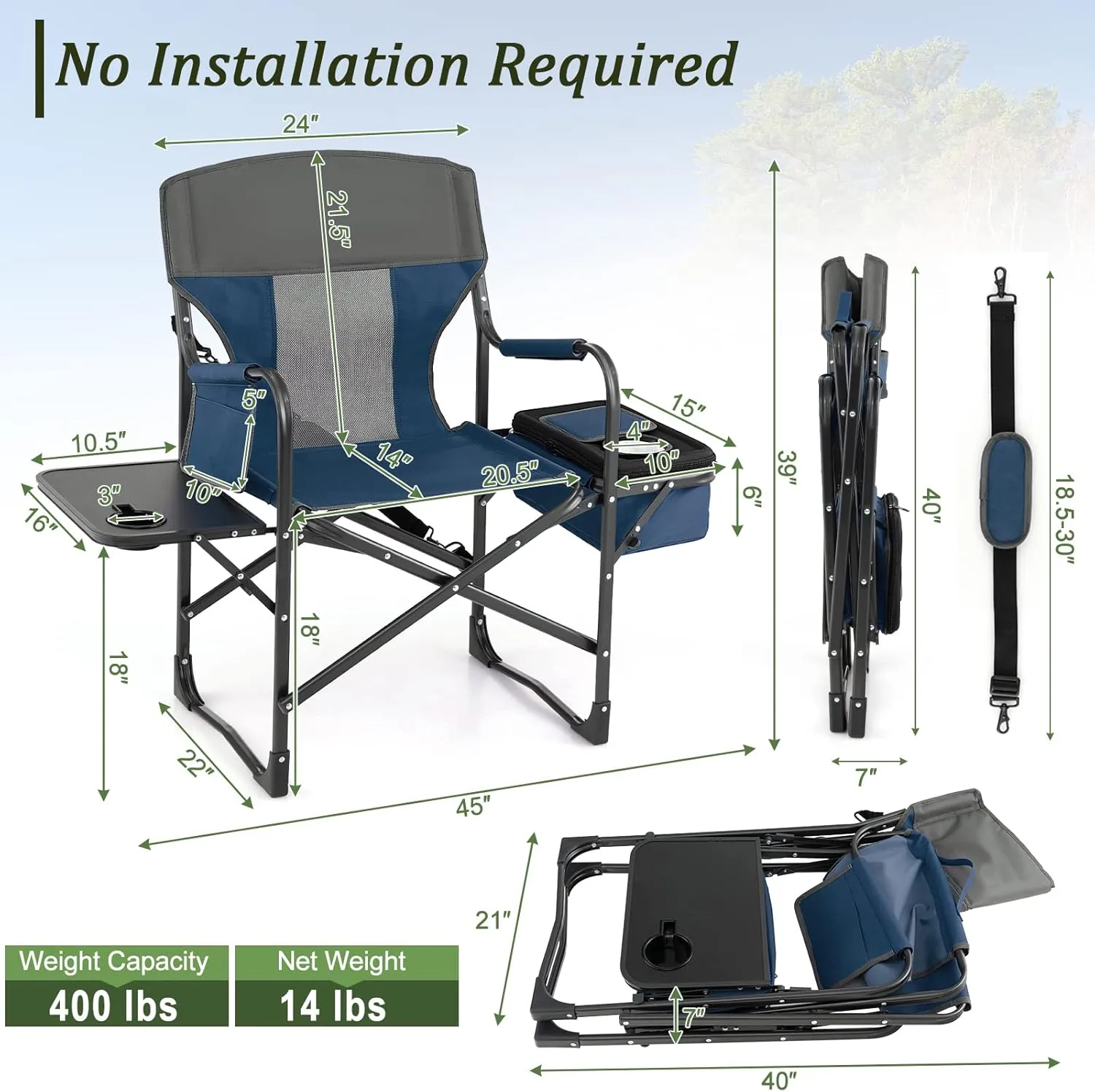 Giantex 2 PCS Camping Chair, Folding Directors Chair with Side Table, Pocket, Cooler Bag, Shoulder Strap, Handle, Artist Chair, Makeup Chair, Support 400 Lbs Lawn Chair for Fishing Picnic, Blue