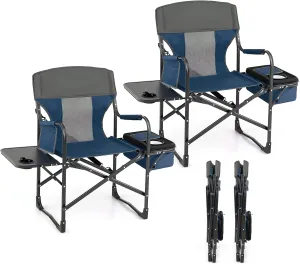 Giantex 2 PCS Camping Chair, Folding Directors Chair with Side Table, Pocket, Cooler Bag, Shoulder Strap, Handle, Artist Chair, Makeup Chair, Support 400 Lbs Lawn Chair for Fishing Picnic, Blue