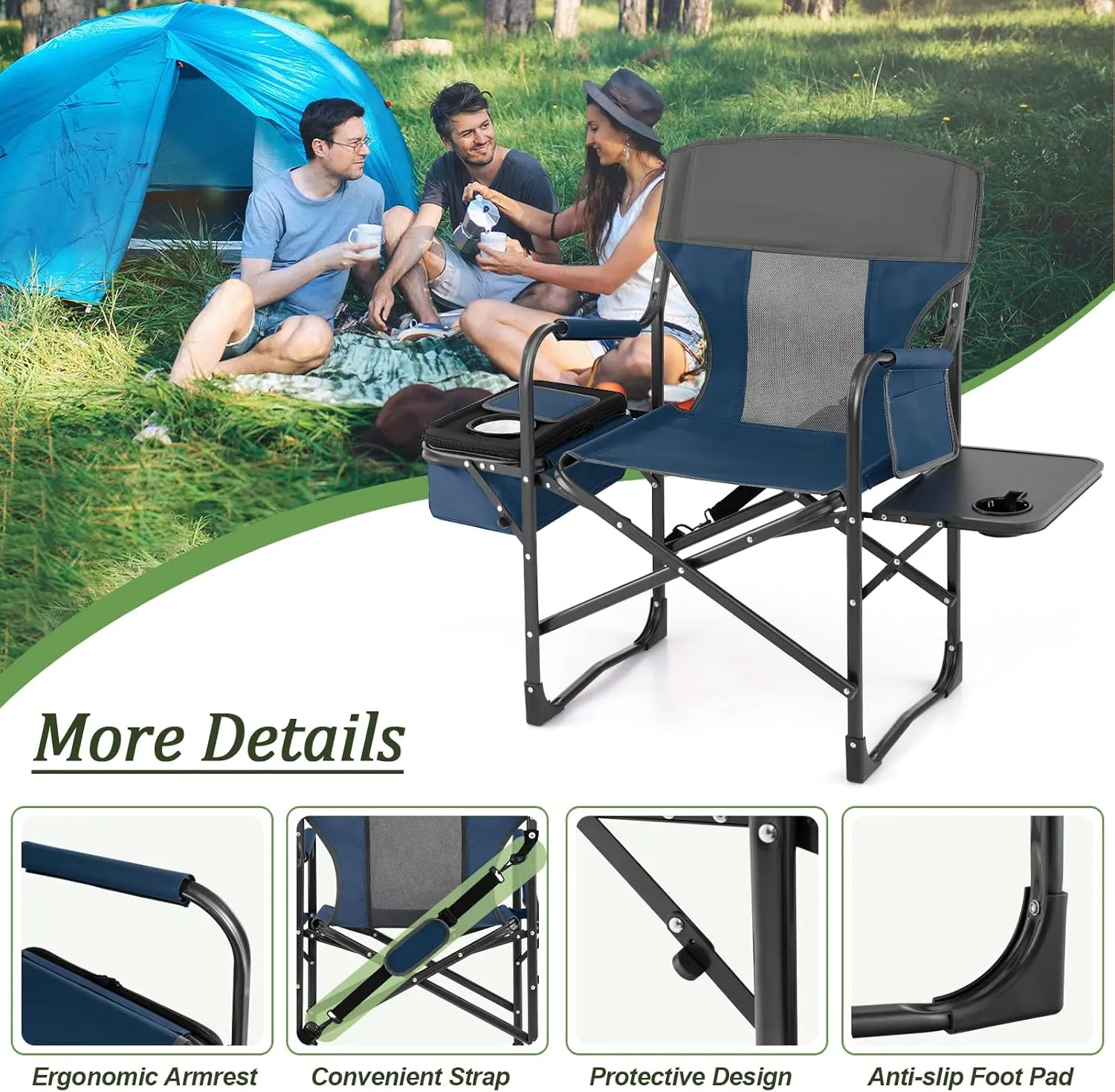 Giantex 2 PCS Camping Chair, Folding Directors Chair with Side Table, Pocket, Cooler Bag, Shoulder Strap, Handle, Artist Chair, Makeup Chair, Support 400 Lbs Lawn Chair for Fishing Picnic, Blue