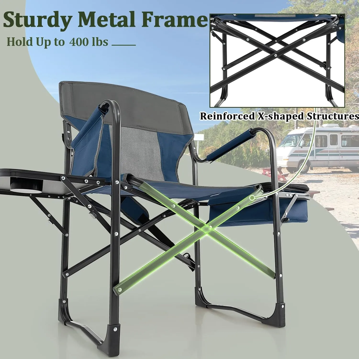 Giantex 2 PCS Camping Chair, Folding Directors Chair with Side Table, Pocket, Cooler Bag, Shoulder Strap, Handle, Artist Chair, Makeup Chair, Support 400 Lbs Lawn Chair for Fishing Picnic, Blue