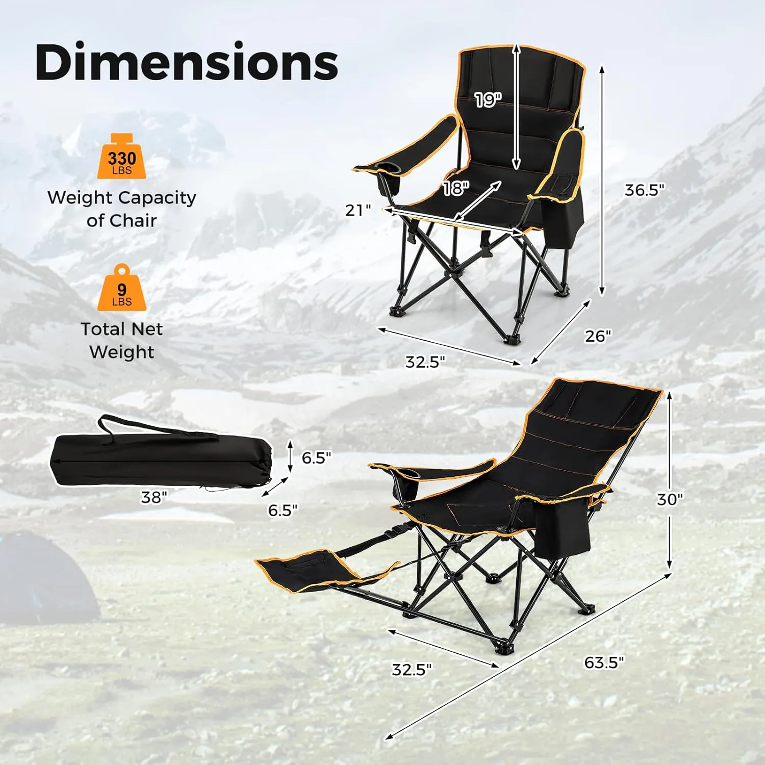 Giantex Hammock Camping Chair, Folding Chairs for Outside, Foldable Chair with Footrest, Adjustable Backrest, Padded Cushion, Carry Bag, Cup Holder, Collapsible Chair for Backpacking, Beach (1, Black)