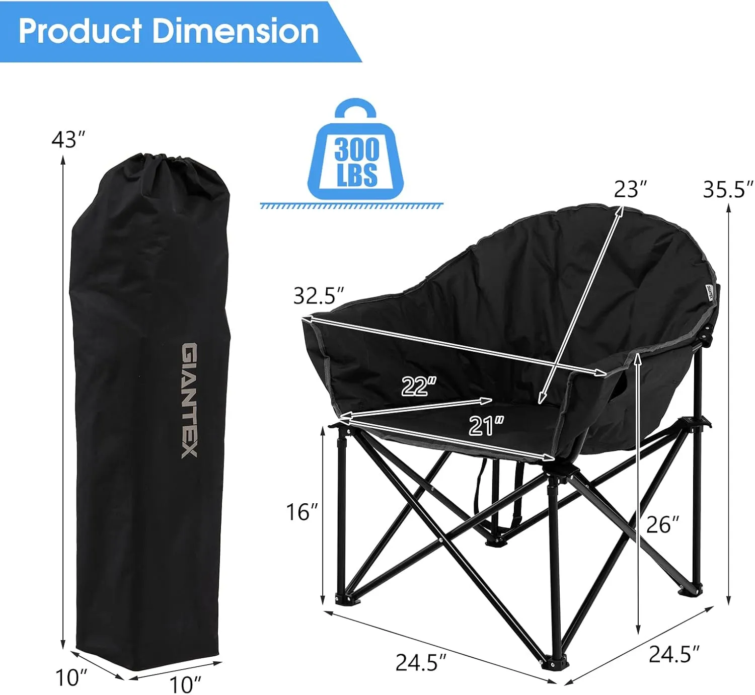 Giantex Portable Camping Chair, Moon Saucer Chair, Outdoor Folding Chair with Soft Padded Seat, Lawn Chair with Cup Holder and Carry Bag, Black