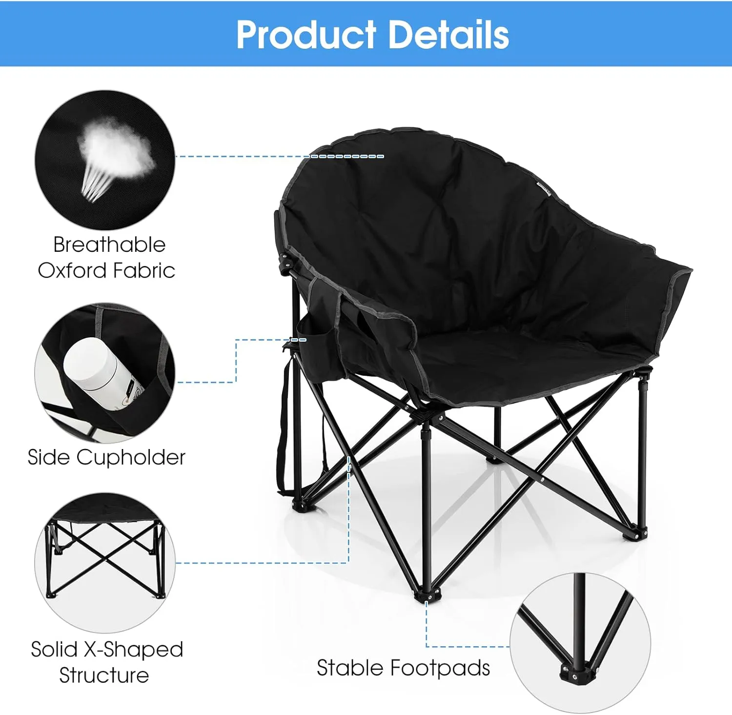 Giantex Portable Camping Chair, Moon Saucer Chair, Outdoor Folding Chair with Soft Padded Seat, Lawn Chair with Cup Holder and Carry Bag, Black