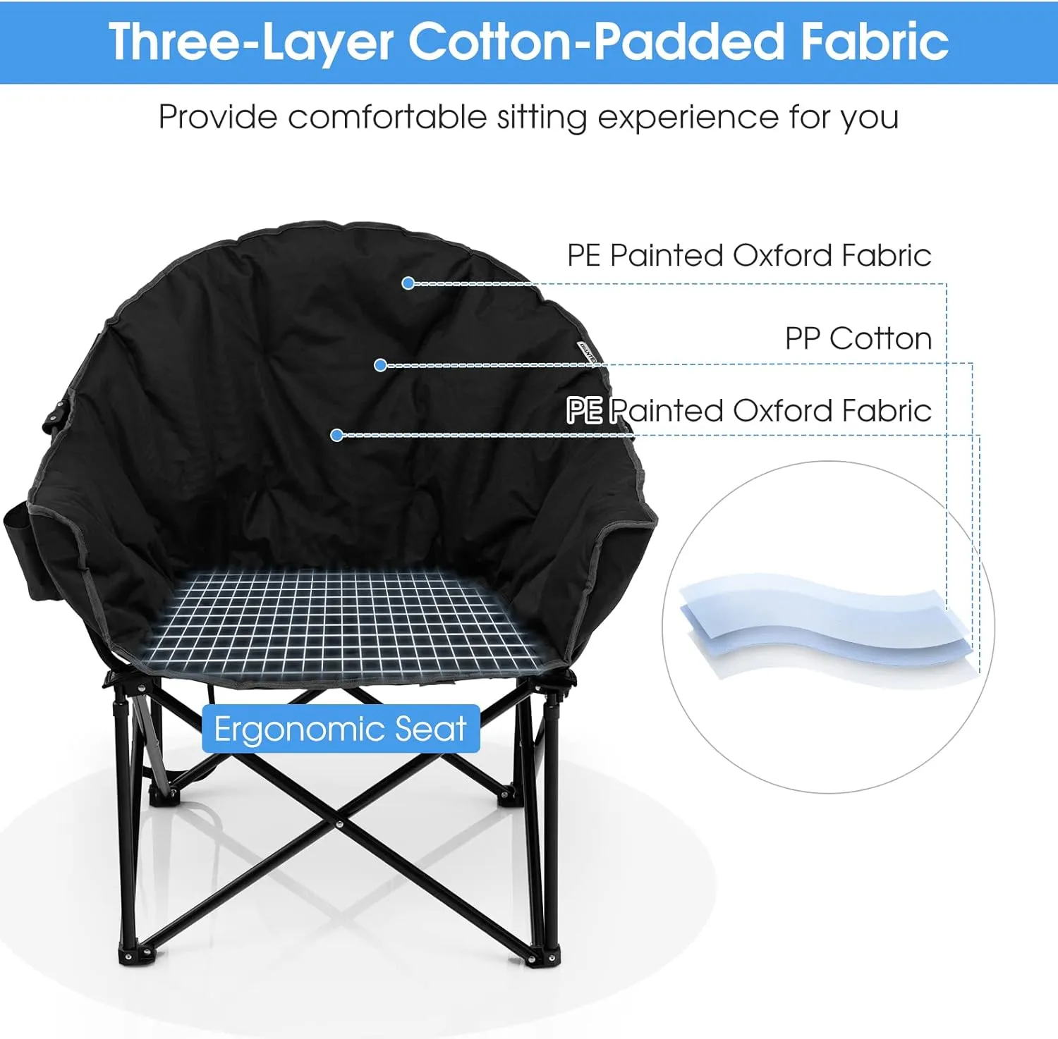 Giantex Portable Camping Chair, Moon Saucer Chair, Outdoor Folding Chair with Soft Padded Seat, Lawn Chair with Cup Holder and Carry Bag, Black