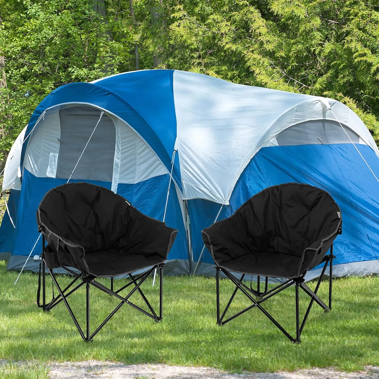 Giantex Portable Camping Chair, Moon Saucer Chair, Outdoor Folding Chair with Soft Padded Seat, Lawn Chair with Cup Holder and Carry Bag, Black