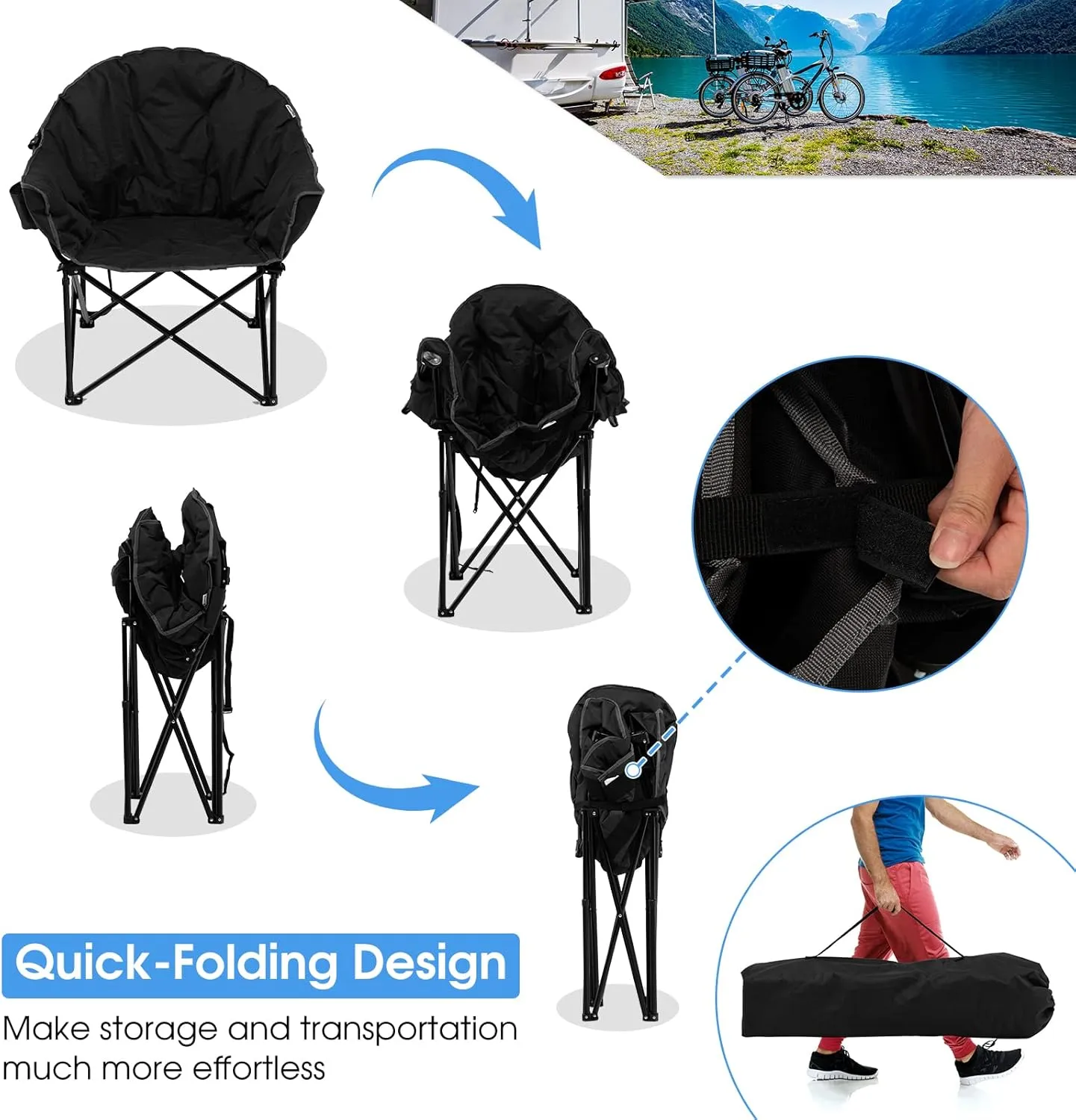 Giantex Portable Camping Chair, Moon Saucer Chair, Outdoor Folding Chair with Soft Padded Seat, Lawn Chair with Cup Holder and Carry Bag, Black