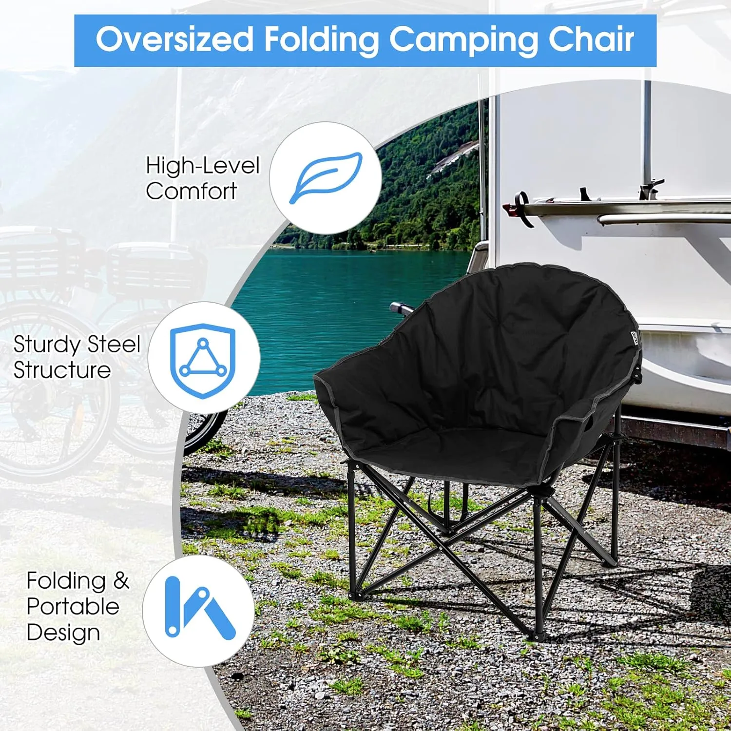 Giantex Portable Camping Chair, Moon Saucer Chair, Outdoor Folding Chair with Soft Padded Seat, Lawn Chair with Cup Holder and Carry Bag, Black