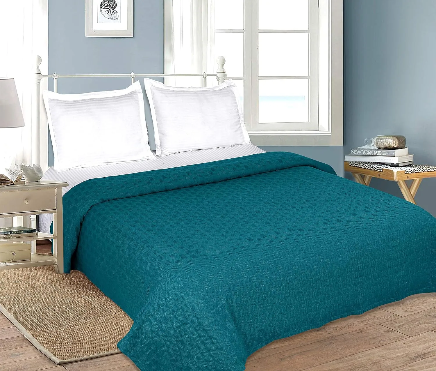 GLAMBURG 100% Cotton Bed Blanket, Breathable Bed Blanket King Size, Cotton Thermal Blankets King Size - Perfect for Layering Any Bed for All Season - Teal