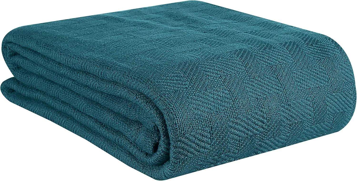 GLAMBURG 100% Cotton Bed Blanket, Breathable Bed Blanket King Size, Cotton Thermal Blankets King Size - Perfect for Layering Any Bed for All Season - Teal