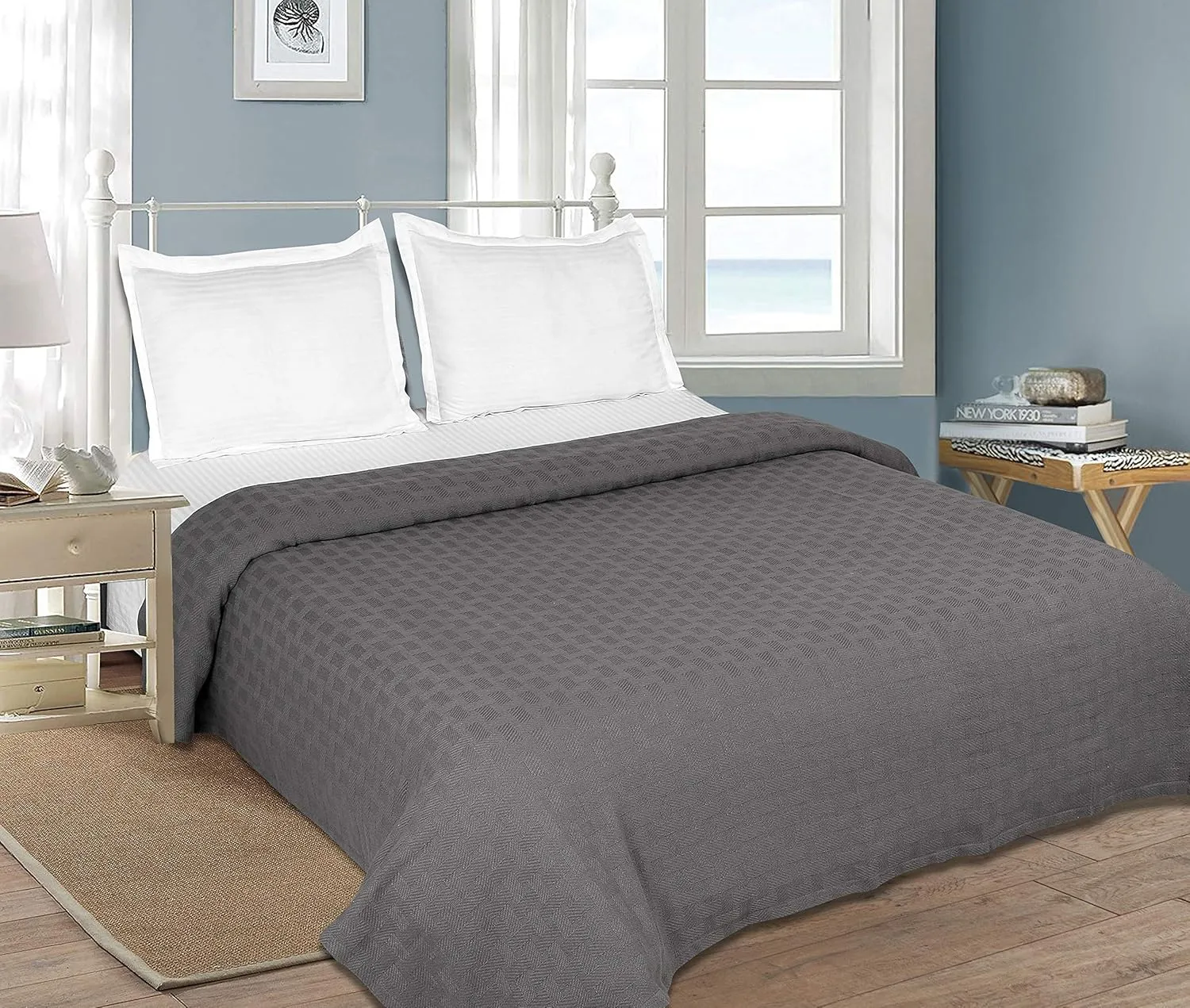 GLAMBURG 100% Cotton Bed Blanket, Breathable Thermal Blankets King Size - Perfect for Layering Any Bed for All Season - Charcoal Grey
