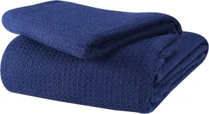 Glamburg 100% Cotton Thermal Bed Blanket, Twin Size, Soft Waffle, All Season, Navy Blue