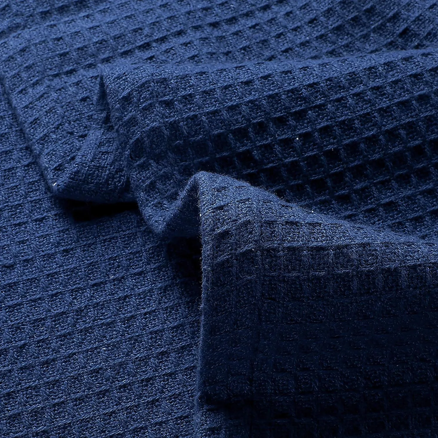 Glamburg 100% Cotton Thermal Bed Blanket, Twin Size, Soft Waffle, All Season, Navy Blue