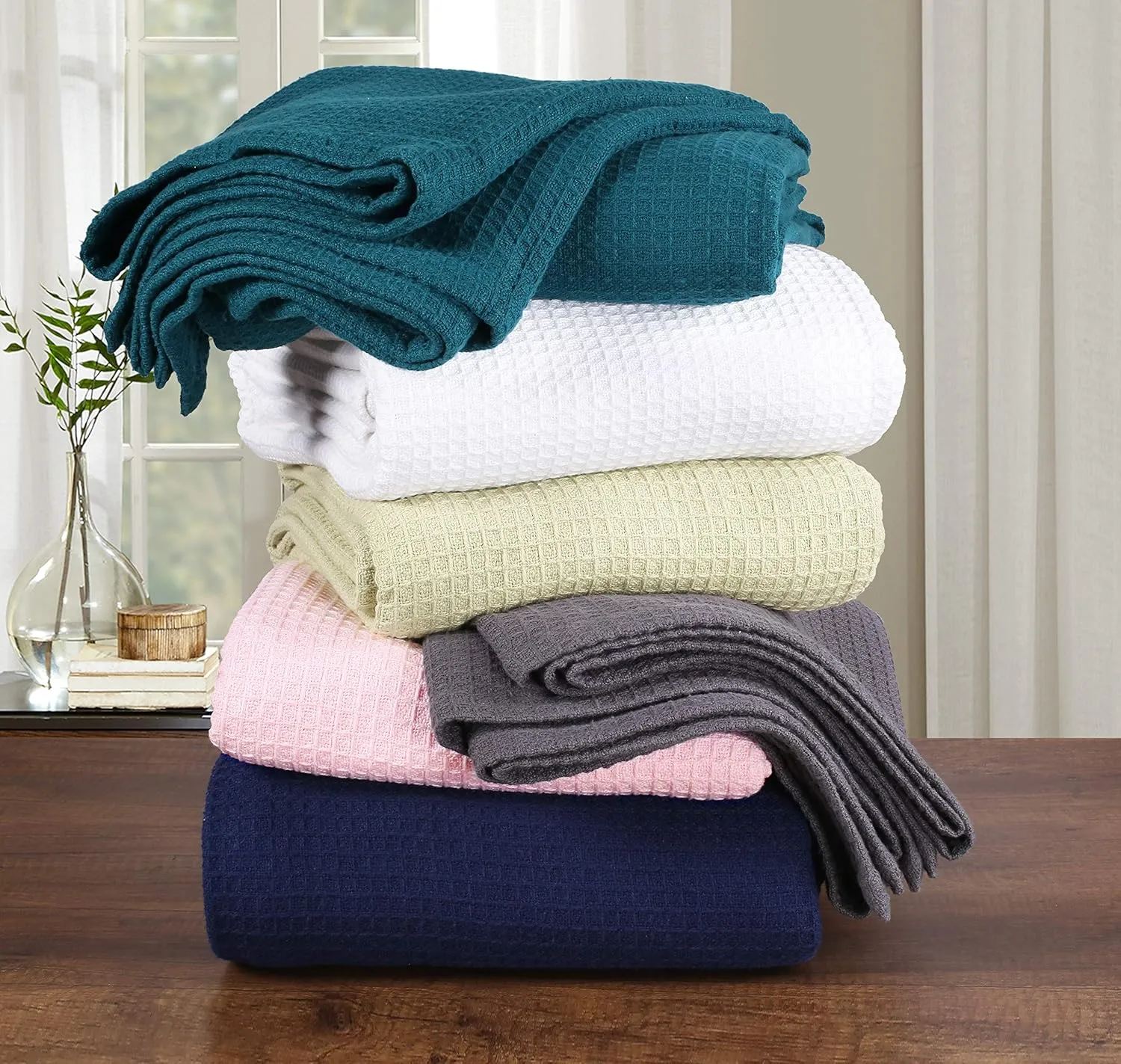 Glamburg 100% Cotton Thermal Bed Blanket, Twin Size, Soft Waffle, All Season, Navy Blue